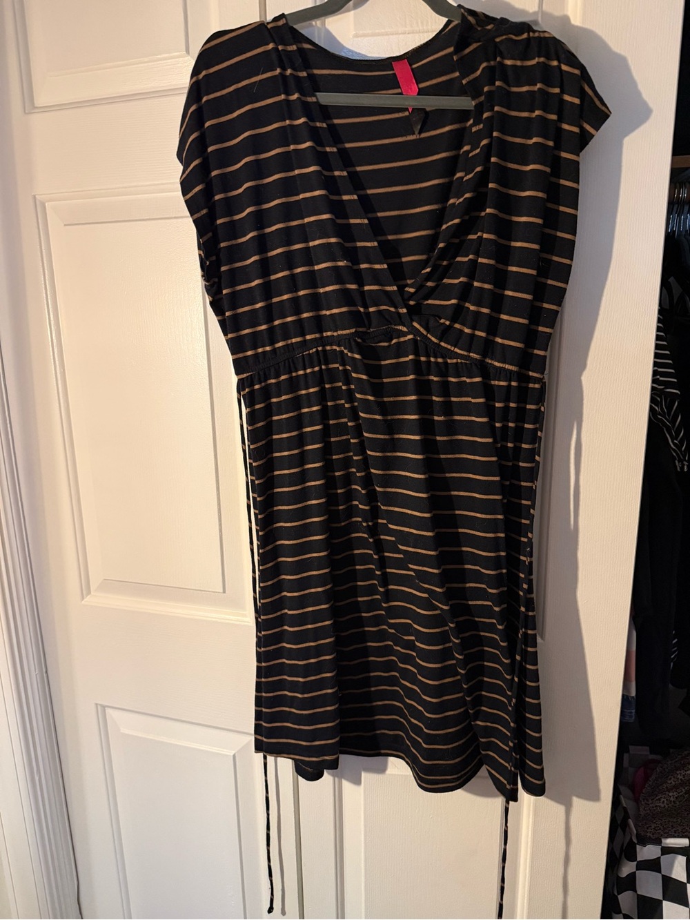 Black and Tan Striped V-Neck Dress